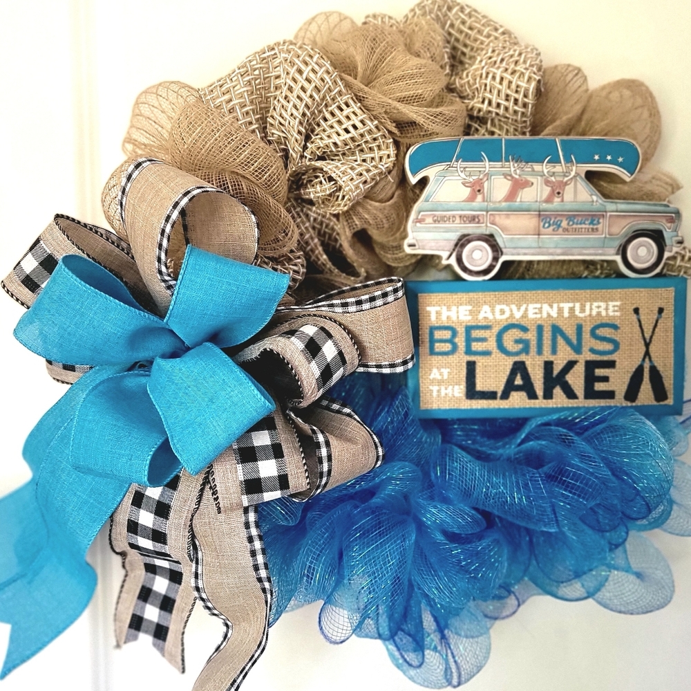 Deer Bucks Lake Adventure Wreath Wood Deco Mesh Bow - Picture 4 of 4